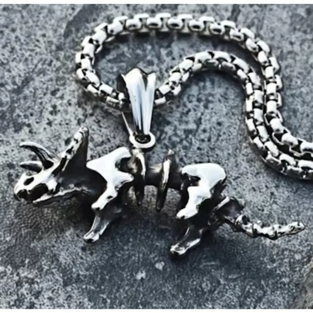 Triceratops Skeleton Dinosaur Necklace Stainless Steel Pendant Jewelry